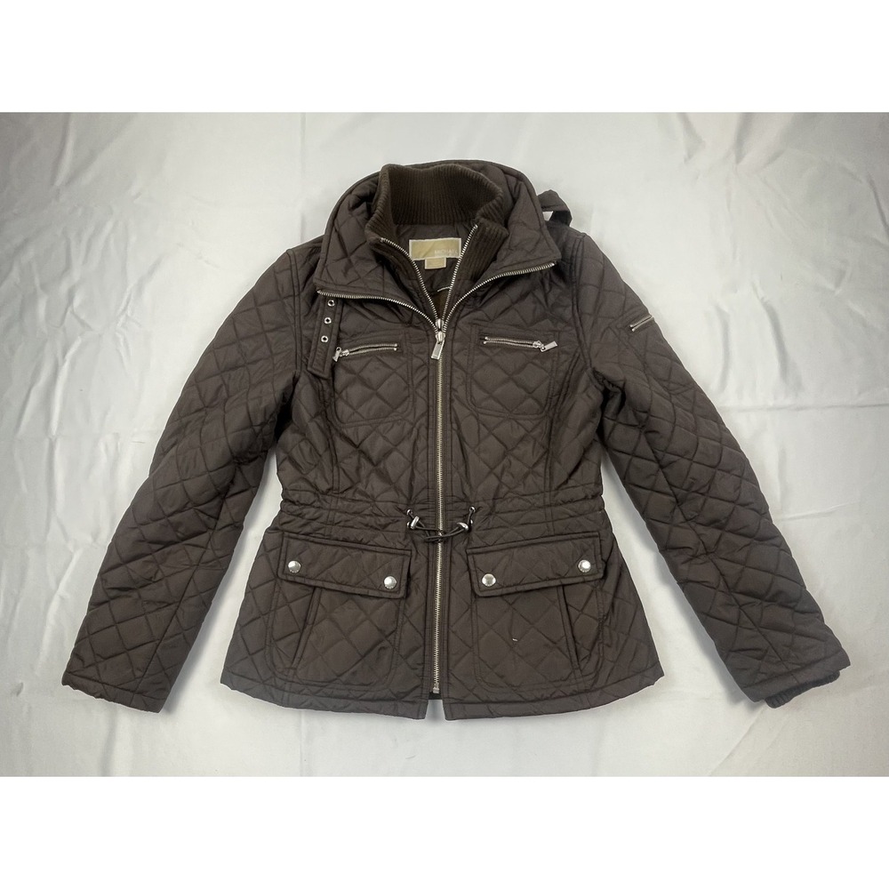 Michael Kors Womens's XS Brown Quilted Utility Jacket Drawstring Waist Full Zip